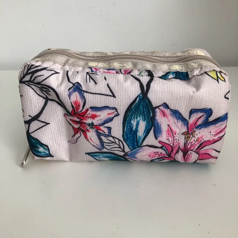 Le Sportsac Floral Pink Cosmetic Pouch with Blue Accents